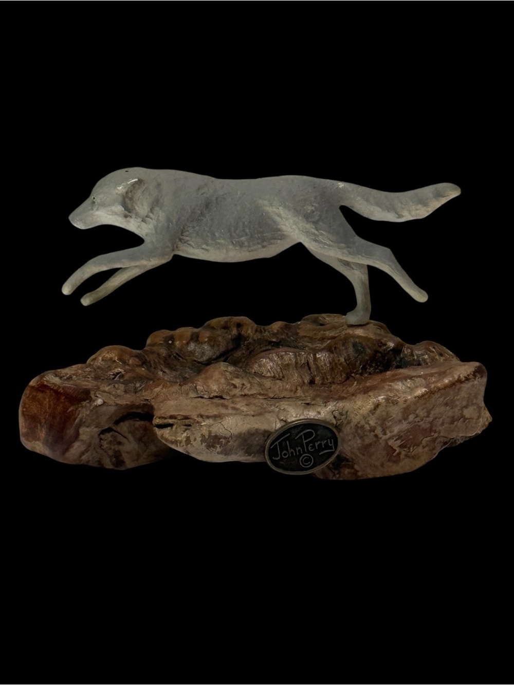 Vintage John Perry Running Lone Wolf Sculpture Pellucida Burl Wood Base